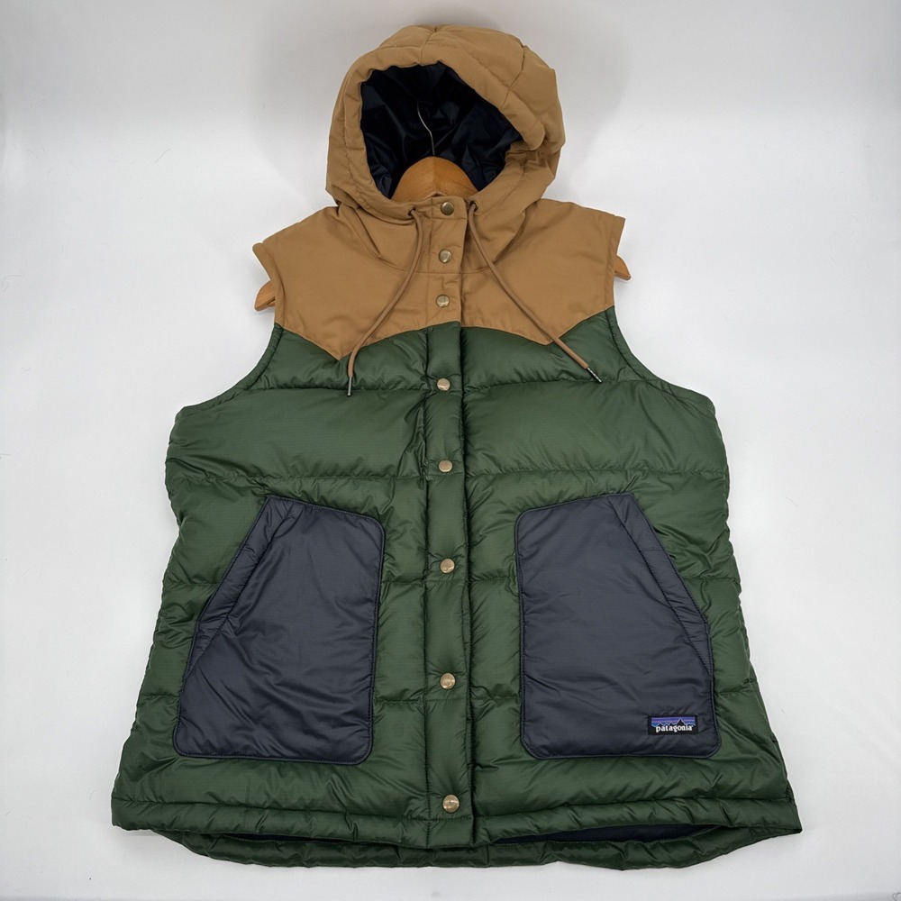 Patagonia Bivy Hooded Vest Down Padded Puffer Women's XL Green Blue Brown
